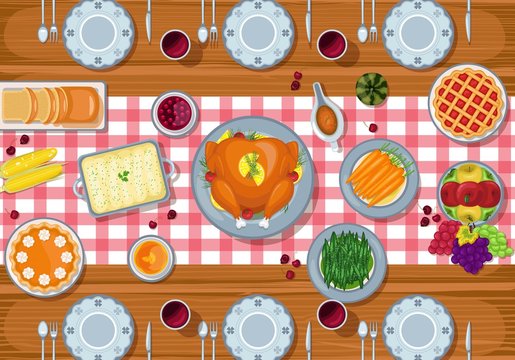 Thanksgiving greeting card dinner table in flat style design