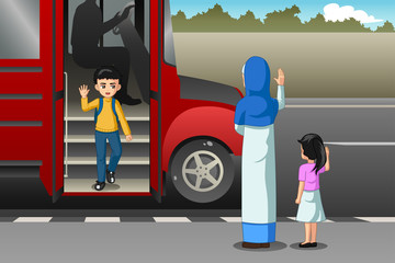 Mother Picking Up Kid From School Bus Illustration