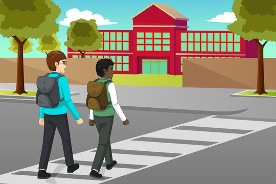 Students Crossing the Street to Schooll Illustration