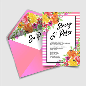 Modern Wedding Invitation With Watercolor Flowers Pink