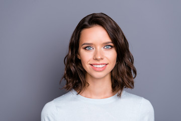 Portrait of adorable good-looking lady with her modern haircut s