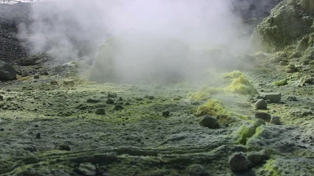 Volcanic activity, sulfur fumarole and hot gas on the slope of Ebeko volcano, Northern Kuriles, Paramushir Island