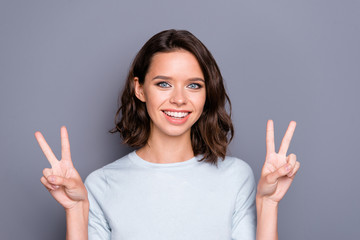 Adorable good-looking good-dressed lady in casual wear with her 