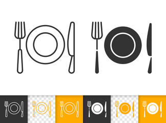 Fork, knife, plate, simple black line vector icon