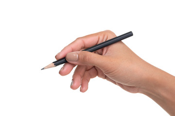 Woman hand holding pencil, writing, drawing, pointing isolated on white