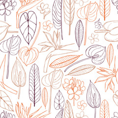 Hand drawn tropical plants. Leaves and flowers.Vector seamless pattern