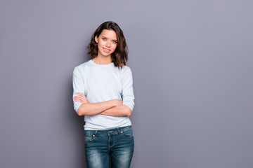 Portrait of peaceful calm lady with her modern haircut she hold 