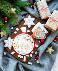 hot chocolate with marshmallows and gingerbread cookie on a grey scarf