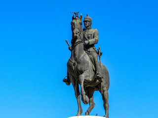 Fototapeta na wymiar Statue of king Constantine on a horse at the central entrance of Pedio tou Areos, Athens, Greece