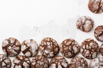 Chocolate brownie cookies in powdered sugar. Chocolate Crinkles.