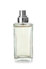 Transparent bottle of perfume on white background