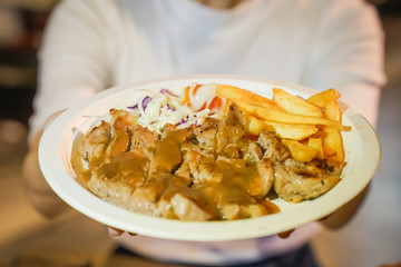 Steak and french fried food street by foodtruck, Bangkok, Thailand.