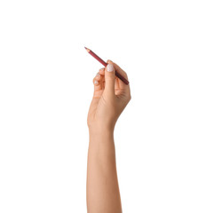 Woman holding lip pencil on white background