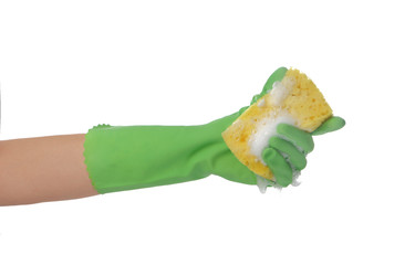 Woman holding sponge with soap foam on white background