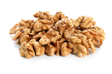 Shelled walnuts on white background