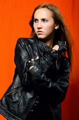 beautiful girl in leather jacket