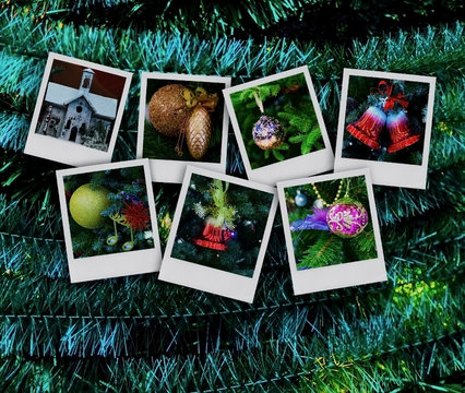 Winter photo collage on a dark background. New Year Christmas holidays. With copy space.