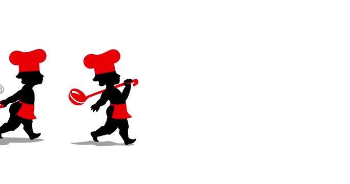 Animation of kitchener taking batch of dishes and cooking pot with soup.