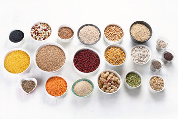 Various grain, cereals, seeds, beans