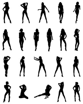 Black silhouettes of girls in various poses on a white background