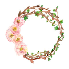 Spring composition, wreath, painted with watercolor, of delicate pink flowers, green leaves and branches, Sakura, cherry blossom, almond flowers isolated on a white background,