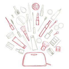 Hand drawn decorative cosmetics for makeup.Vector sketch  illustration.