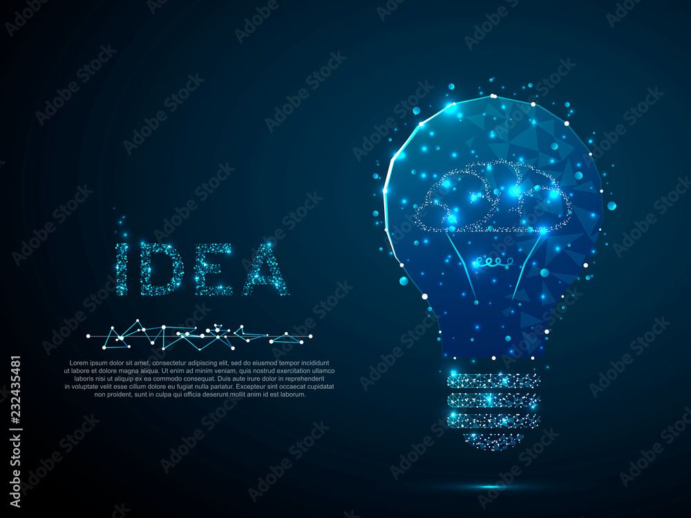 Wall mural idea with geometry triangle. brain silhouette lamp bulb image. incandescent lamp. low poly, polygona
