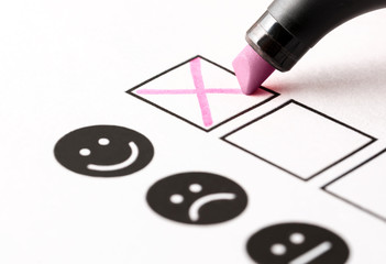 Experience survey, employee feedback questionnaire or business poll concept. Happy person giving...