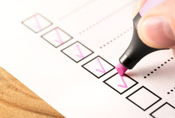 Checklist, keeping score of obligations or completed tasks in project concept. Check list document...