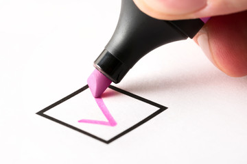 Writing checkmark in checkbox in checklist. Completed and finished task, obligation, duty or...