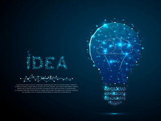 Idea with geometry triangle. Brain silhouette lamp bulb image. Incandescent lamp. Low poly, polygonal wireframe Vector illustration with scattered particles and light effects on a dark blue background