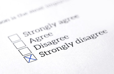 Obraz premium Disagree box checked in opinion poll, survey and questionnaire. Negative answer in politics or human resources employee feedback or experience research. Checkbox and checklist with check mark.