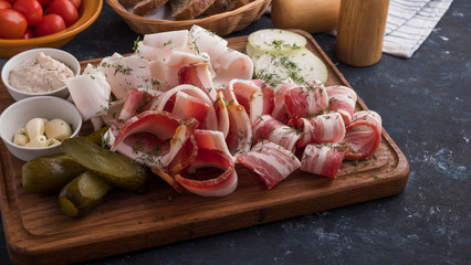 Lard on wooden board. Copyspace