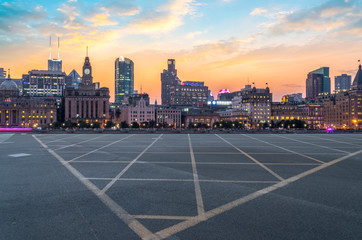 City skyscrapers and road asphalt pavement