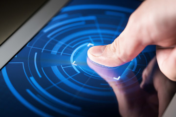 Fingerprint scanner on smart electronic screen. Digital security system technology. High tech...