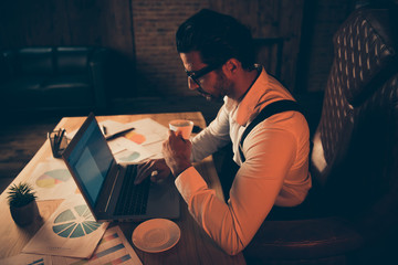 Profile side view serious confident gentleman in style stylish e