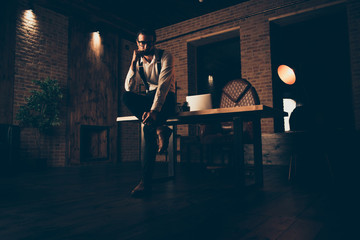 Low angle top view full legs body size portrait of unshaven man 