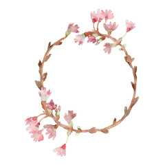Spring composition, wreath, painted with watercolor, of delicate pink flowers, green leaves and branches, Sakura, cherry blossom, almond flowers isolated on a white background,