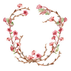 Obraz na płótnie Canvas Spring composition, wreath, painted with watercolor, of delicate pink flowers, green leaves and branches, Sakura, cherry blossom, almond flowers isolated on a white background,