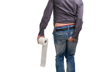 Man holding toilet paper roll and his butt - diarrhea concept