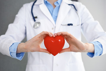 Female doctor with stethoscope holding heart in her arms. Healthcare and cardiology concept  in...