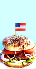 traditional hamburger with wooden toothpick and american flag