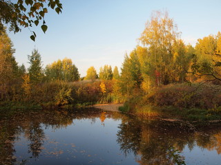 Autumn park, trees, river bay. Russian autumn nature. Russia, Ural, Perm region