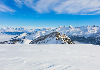 A wintertime view from the Fronalpstock mountain in Switzerland