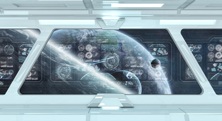 White spaceship interior with control panel digital screens 3D rendering © sdecoret