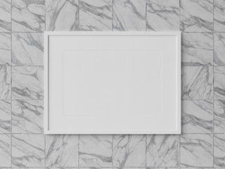 White rectangular horizontal frame hanging on a white wall mockup 3D rendering
