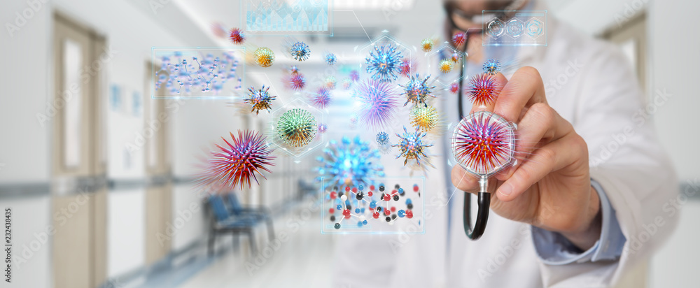 Poster doctor using digital nanobot virus 3d rendering