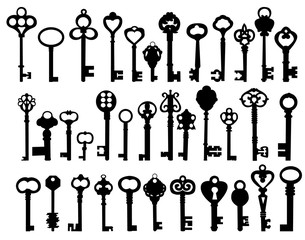 set, collection, black silhouette of vintage keys