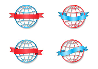 Set of icons Earth with festive ribbon around the globe. Vector illustration
