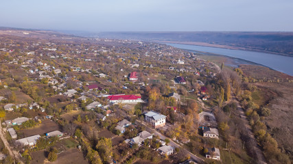 Aerial view over Village and River.